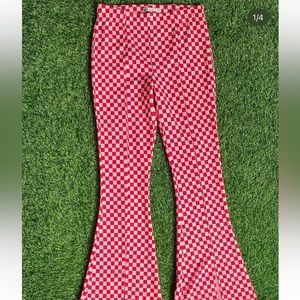 Pink and Red Checkered High Waisted Flare Pants